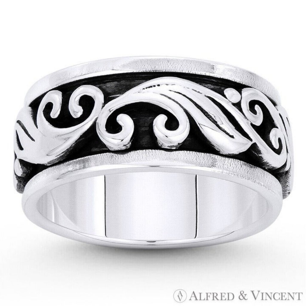 Swirl Pattern "Wind Gust" Charm Ide Men's Band In .925 Sterling Silver - Size 11